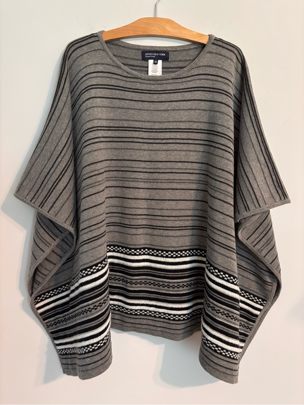 Jones New York Signature gray striped poncho sweater